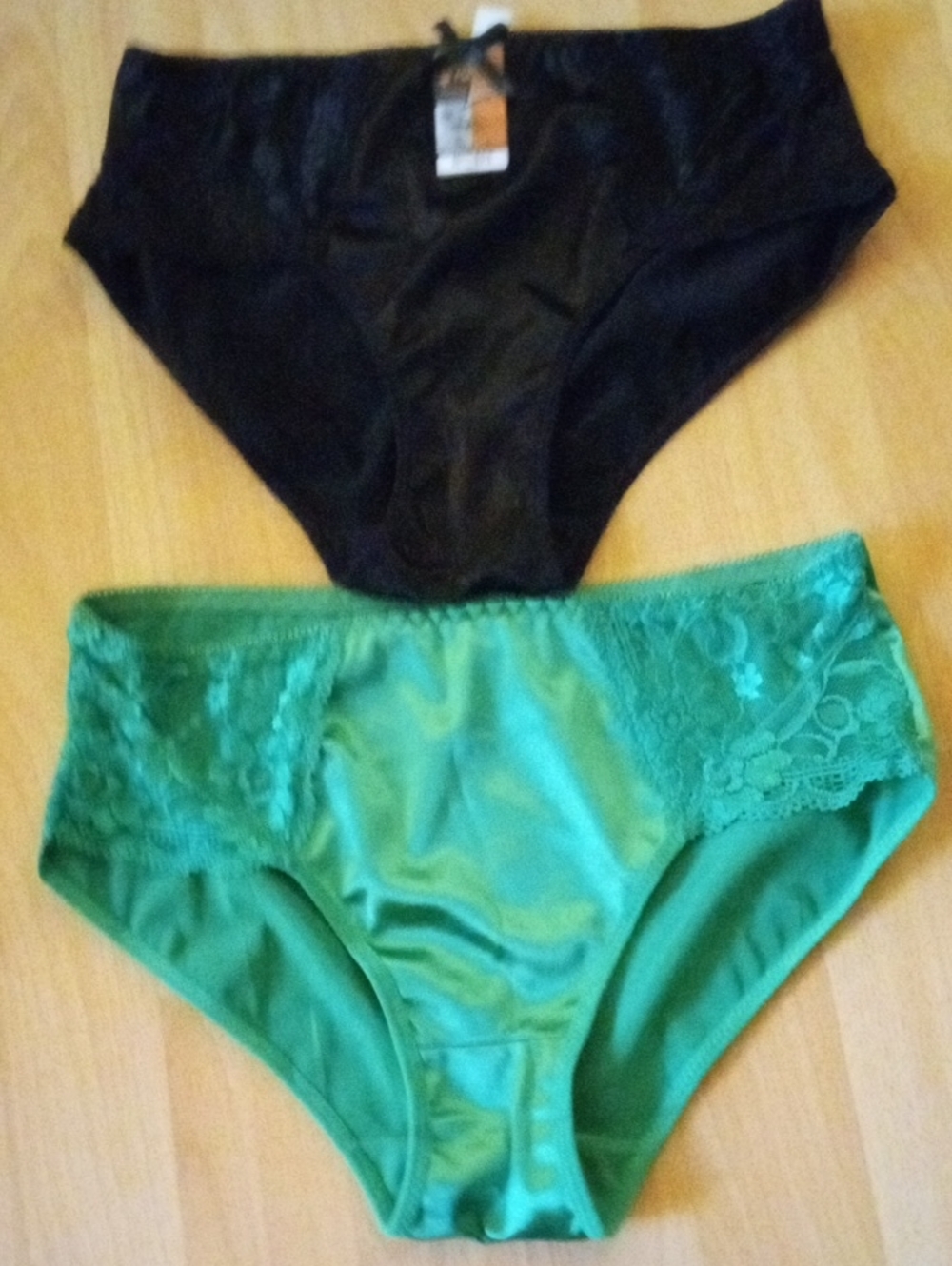 Women's High-Waist Satin & Lace Briefs - Black and Green